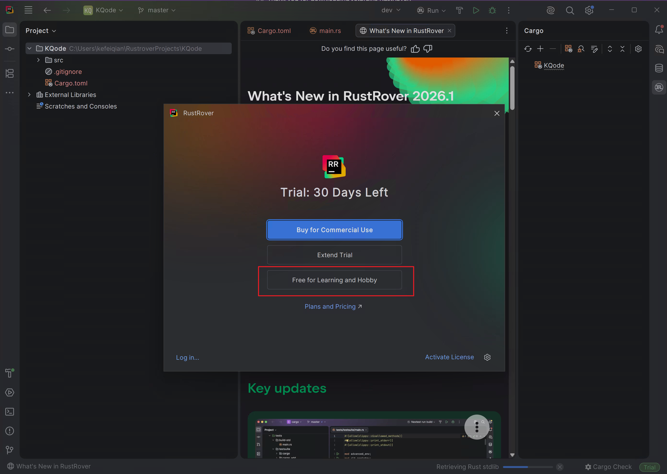RustRover license selection window