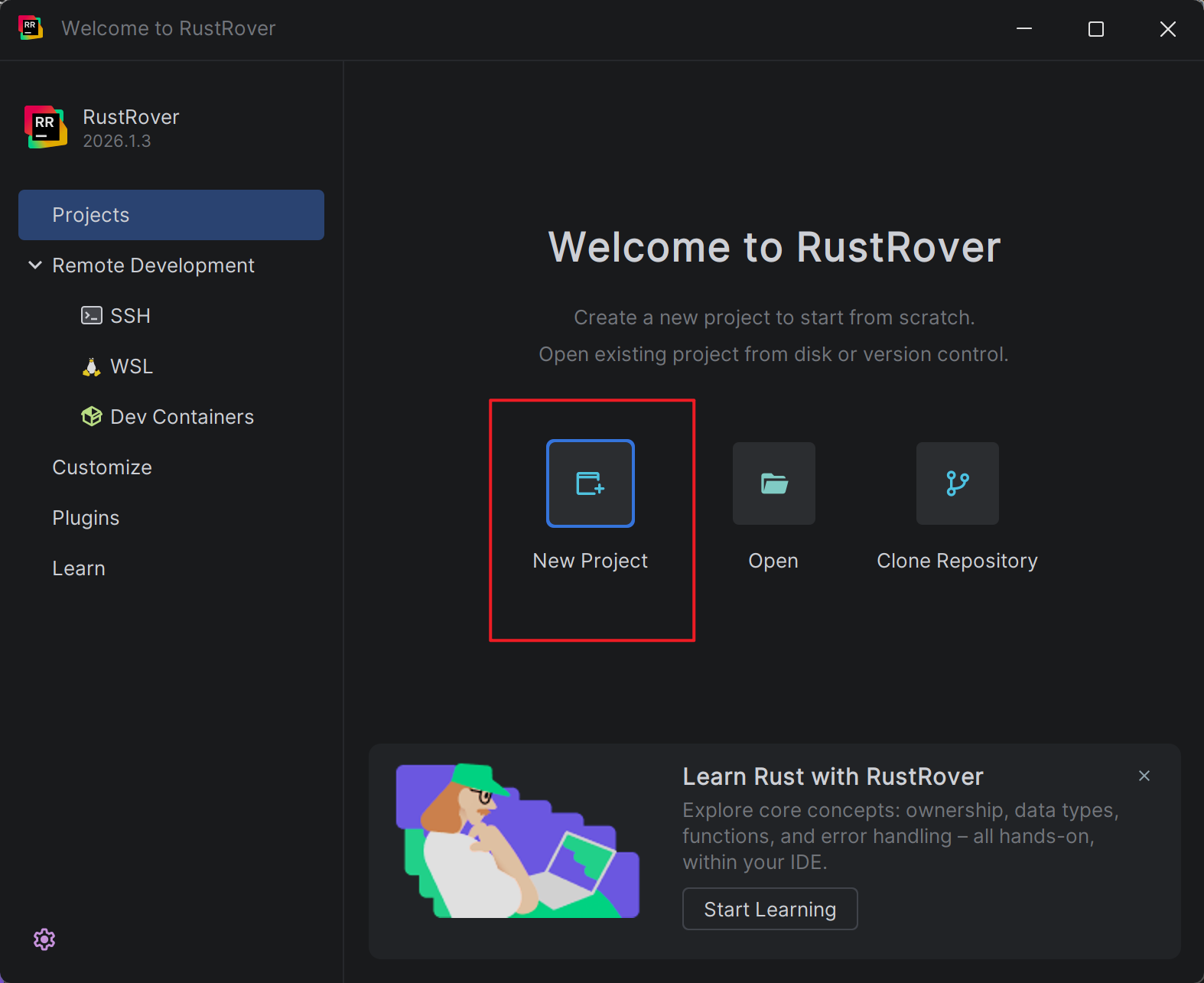 RustRover welcome page, click New Project